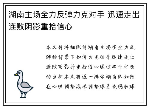 湖南主场全力反弹力克对手 迅速走出连败阴影重拾信心