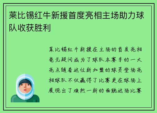 莱比锡红牛新援首度亮相主场助力球队收获胜利