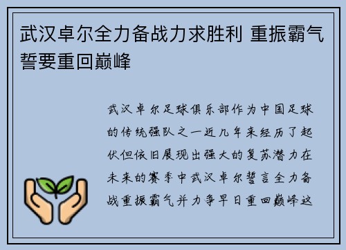 武汉卓尔全力备战力求胜利 重振霸气誓要重回巅峰