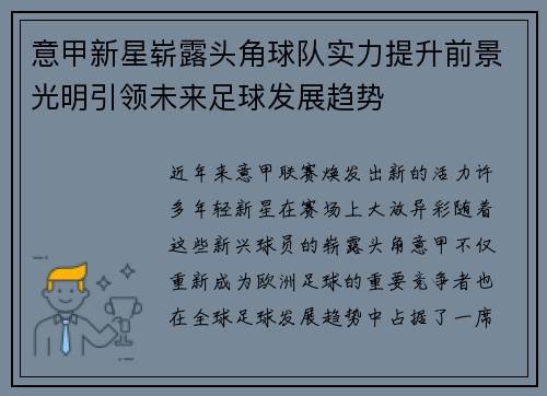 意甲新星崭露头角球队实力提升前景光明引领未来足球发展趋势