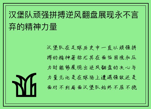 汉堡队顽强拼搏逆风翻盘展现永不言弃的精神力量